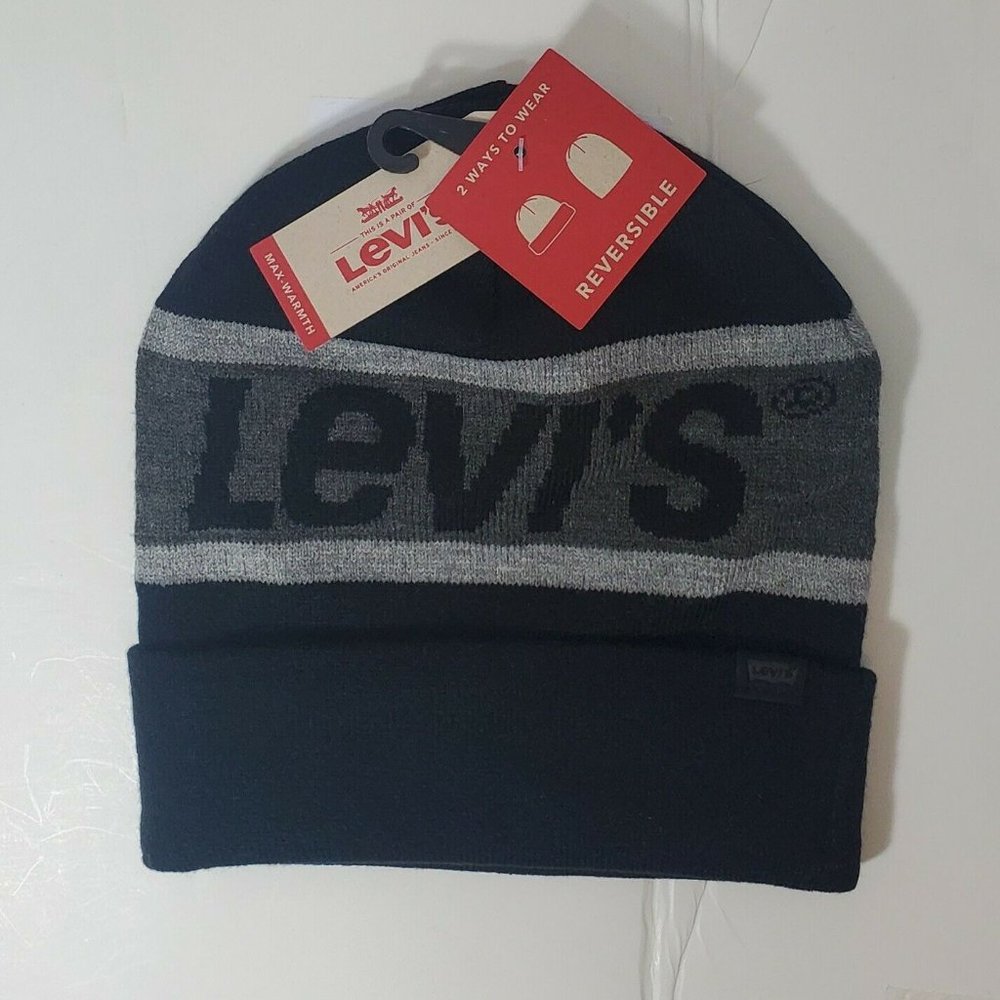 LEVI'S ORIGINAL MEN'S BEANIE HAT BLACK REVERSIBLE MAX-WARMTH